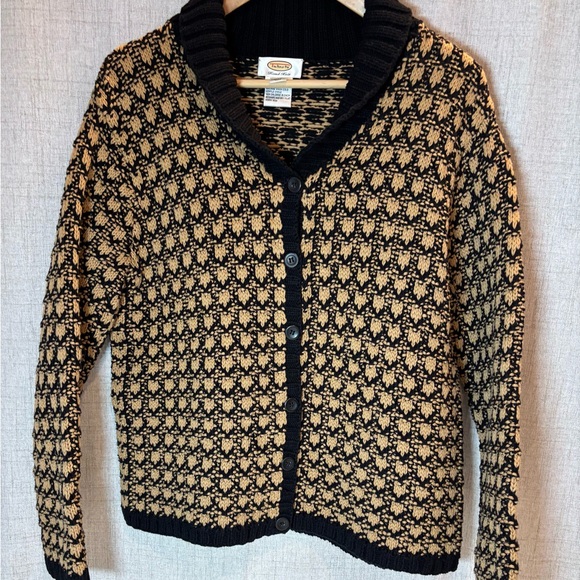 TALBOTS hand-knit shawl collar black & tan/camel cardigan 100% sweater Medium. - Picture 6 of 7
